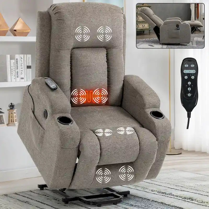 Poltrona Reclinabile Grande Power Lift con Massaggio e Calore per Anziani, Recliner Ampi, con Porte USB e Type C, 2 Portabicchieri