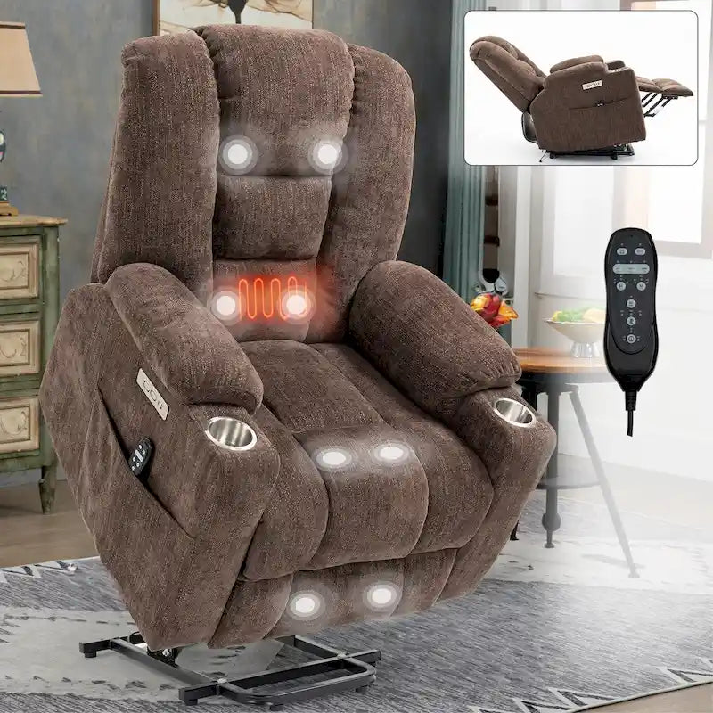 Poltrona Reclinabile Grande Power Lift con Massaggio e Calore per Anziani, Recliner Ampi, con Porte USB e Type C, 2 Portabicchieri