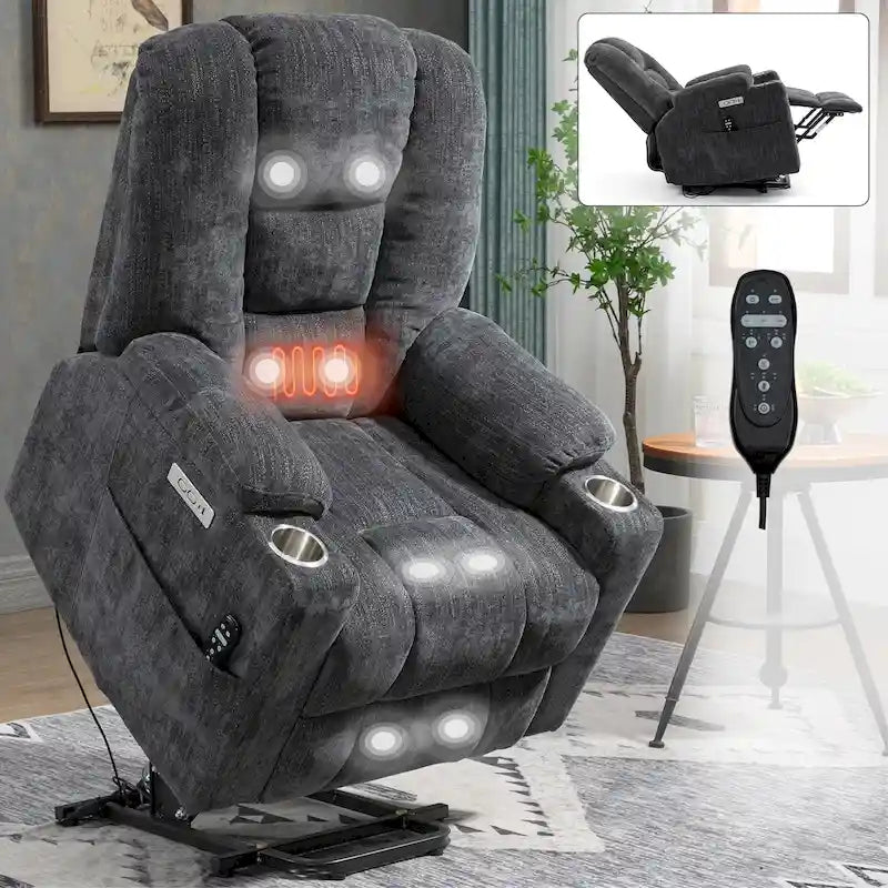 Poltrona Reclinabile Grande Power Lift con Massaggio e Calore per Anziani, Recliner Ampi, con Porte USB e Type C, 2 Portabicchieri