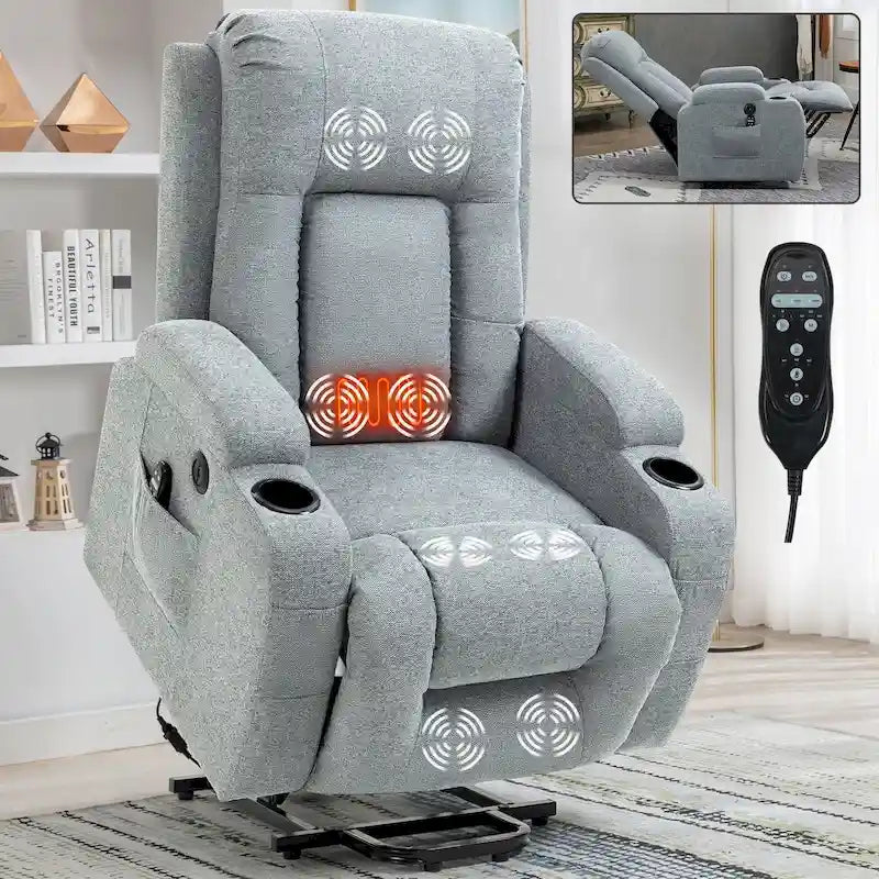 Poltrona Reclinabile Grande Power Lift con Massaggio e Calore per Anziani, Recliner Ampi, con Porte USB e Type C, 2 Portabicchieri