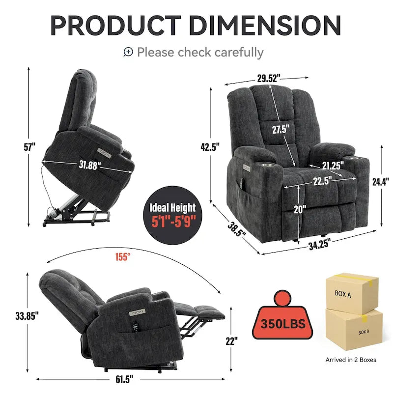 Poltrona Reclinabile Grande Power Lift con Massaggio e Calore per Anziani, Recliner Ampi, con Porte USB e Type C, 2 Portabicchieri
