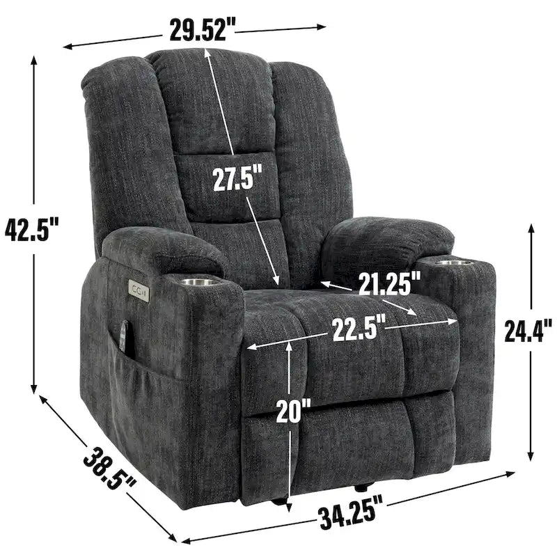 Poltrona Reclinabile Grande Power Lift con Massaggio e Calore per Anziani, Recliner Ampi, con Porte USB e Type C, 2 Portabicchieri