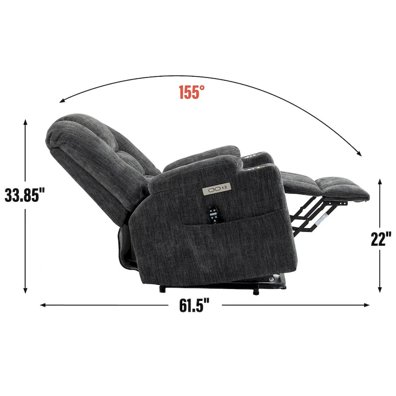 Poltrona Reclinabile Grande Power Lift con Massaggio e Calore per Anziani, Recliner Ampi, con Porte USB e Type C, 2 Portabicchieri