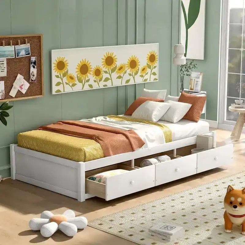 Twin Size Wooden Platform Bed with 3 Drawers