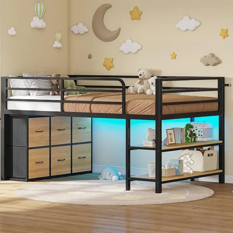 Letto a soppalco basso una piazza e mezza con 6 cassetti in tessuto e luci a LED