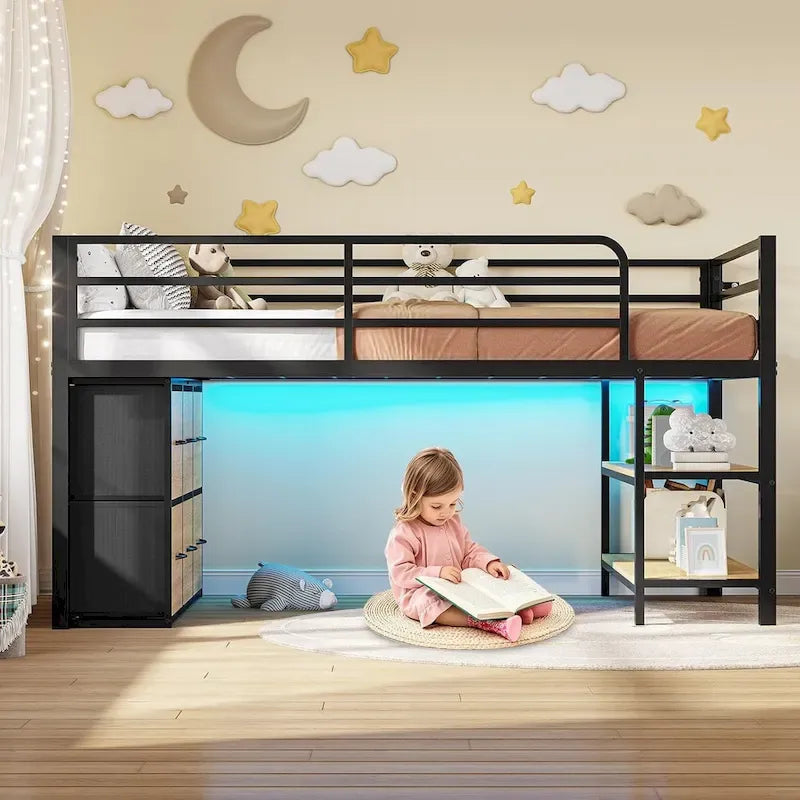 Letto a soppalco basso una piazza e mezza con 6 cassetti in tessuto e luci a LED