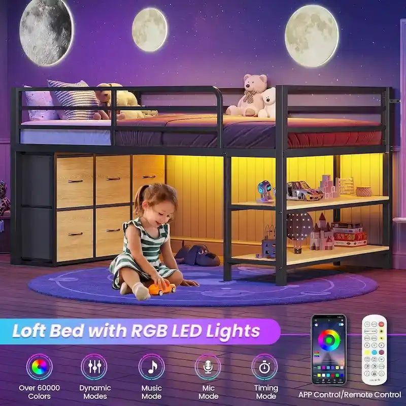 Letto a soppalco basso una piazza e mezza con 6 cassetti in tessuto e luci a LED