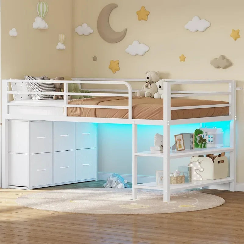 Letto a soppalco basso una piazza e mezza con 6 cassetti in tessuto e luci a LED