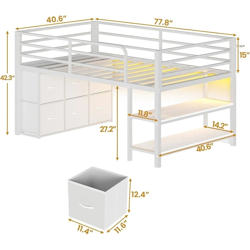 Letto a soppalco basso una piazza e mezza con 6 cassetti in tessuto e luci a LED