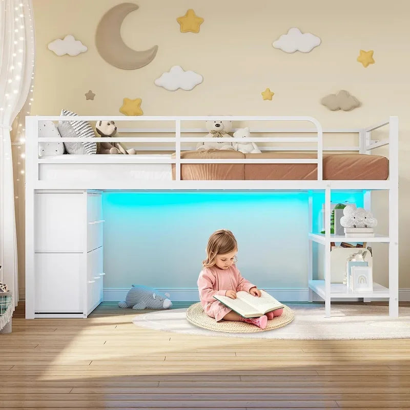 Letto a soppalco basso una piazza e mezza con 6 cassetti in tessuto e luci a LED