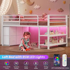 Letto a soppalco basso una piazza e mezza con 6 cassetti in tessuto e luci a LED