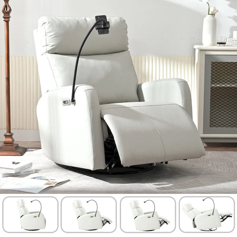 Poltrona reclinabile elettrica grigia con funzione girevole, porte USB e poggiapiedi regolabile