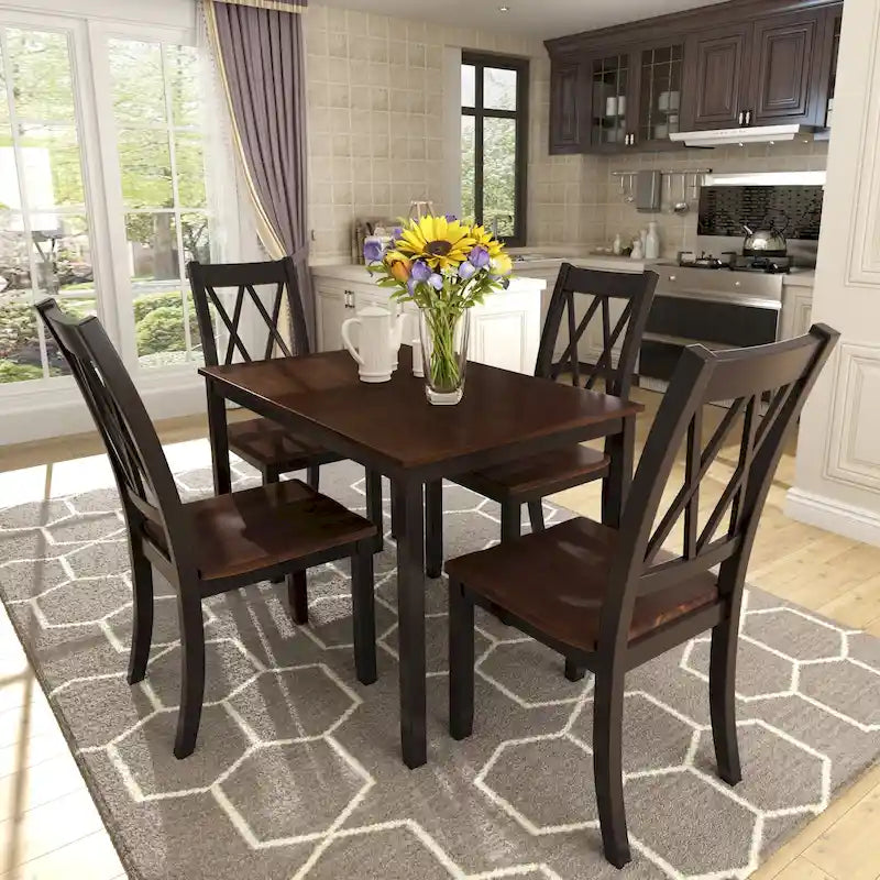 Set da pranzo in legno nero da 5 pezzi con tavolo rettangolare e 4 sedie