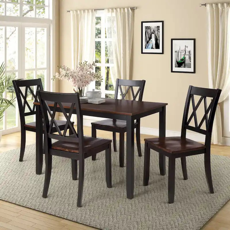 Set da pranzo in legno nero da 5 pezzi con tavolo rettangolare e 4 sedie