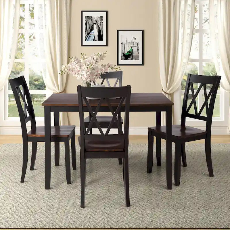Set da pranzo in legno nero da 5 pezzi con tavolo rettangolare e 4 sedie