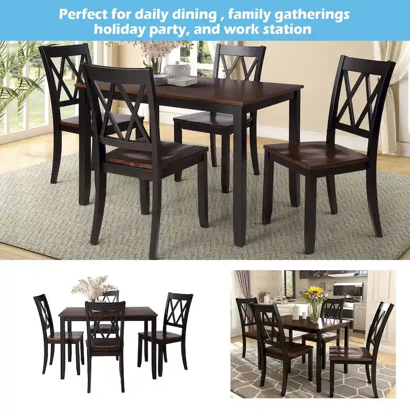 Set da pranzo in legno nero da 5 pezzi con tavolo rettangolare e 4 sedie
