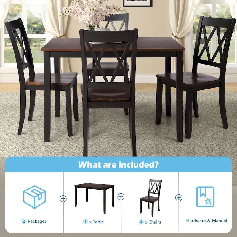 Set da pranzo in legno nero da 5 pezzi con tavolo rettangolare e 4 sedie