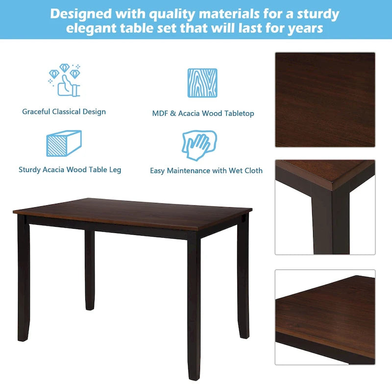 Set da pranzo in legno nero da 5 pezzi con tavolo rettangolare e 4 sedie
