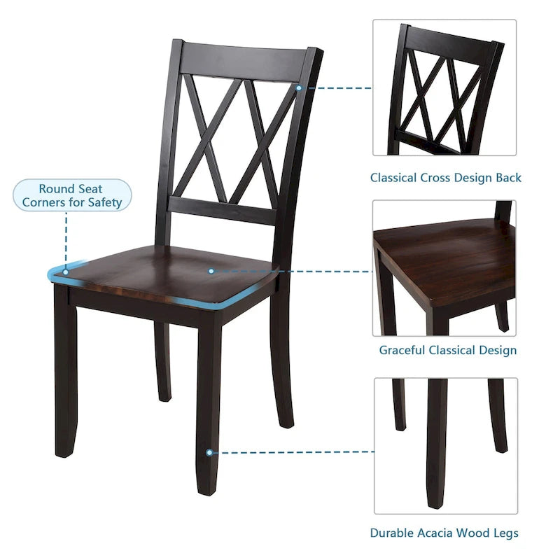 Set da pranzo in legno nero da 5 pezzi con tavolo rettangolare e 4 sedie