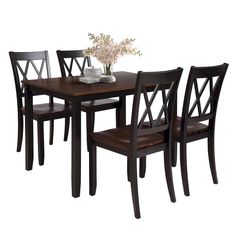 Set da pranzo in legno nero da 5 pezzi con tavolo rettangolare e 4 sedie