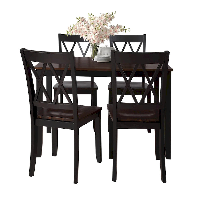 Set da pranzo in legno nero da 5 pezzi con tavolo rettangolare e 4 sedie