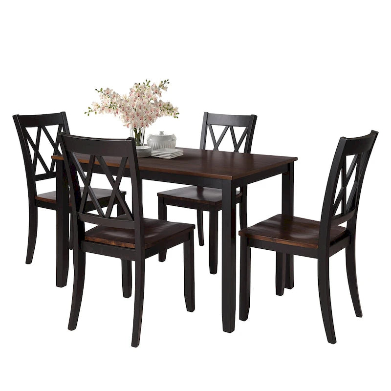 Set da pranzo in legno nero da 5 pezzi con tavolo rettangolare e 4 sedie