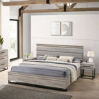 Set camera da letto in legno imbottito a 3 pezzi, letto a pannello e due comodini, grigio anticato