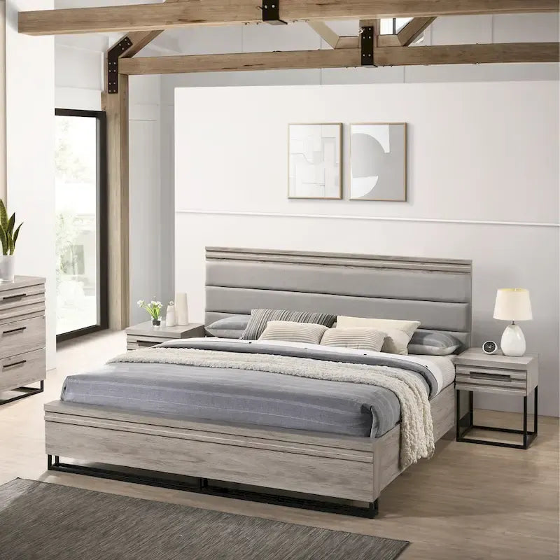 Set camera da letto in legno imbottito a 3 pezzi, letto a pannello e due comodini, grigio anticato
