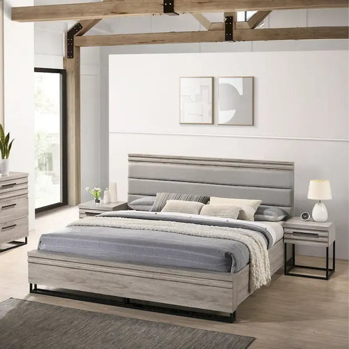 Set camera da letto in legno imbottito a 3 pezzi, letto a pannello e due comodini, grigio anticato
