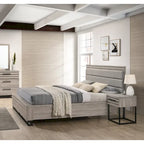 Set camera da letto in legno imbottito a 3 pezzi, letto a pannello e due comodini, grigio anticato