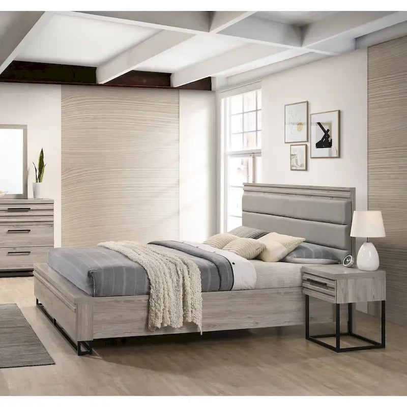 Set camera da letto in legno imbottito a 3 pezzi, letto a pannello e due comodini, grigio anticato