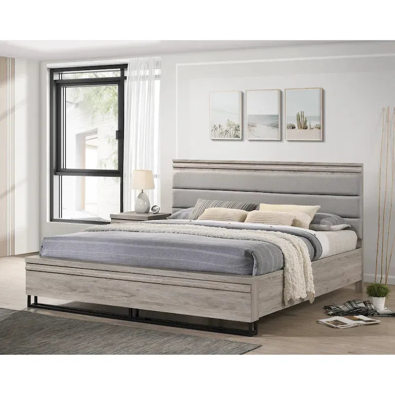 Set camera da letto in legno imbottito a 3 pezzi, letto a pannello e due comodini, grigio anticato