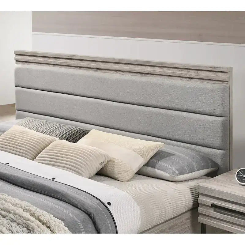 Set camera da letto in legno imbottito a 3 pezzi, letto a pannello e due comodini, grigio anticato