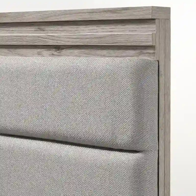 Set camera da letto in legno imbottito a 3 pezzi, letto a pannello e due comodini, grigio anticato