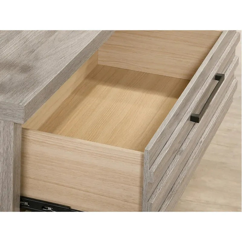 Set camera da letto in legno imbottito a 3 pezzi, letto a pannello e due comodini, grigio anticato