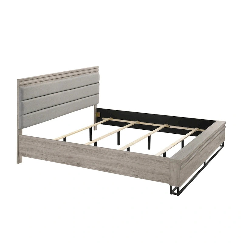 Set camera da letto in legno imbottito a 3 pezzi, letto a pannello e due comodini, grigio anticato