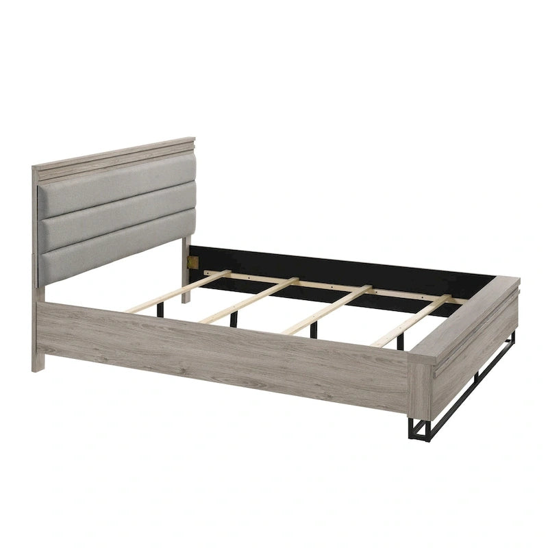 Set camera da letto in legno imbottito a 3 pezzi, letto a pannello e due comodini, grigio anticato