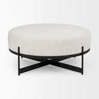 Pouf rotondo Amelia in tessuto bouclé crema con struttura in metallo nero