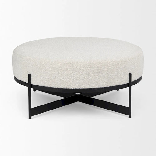 Pouf rotondo Amelia in tessuto bouclé crema con struttura in metallo nero