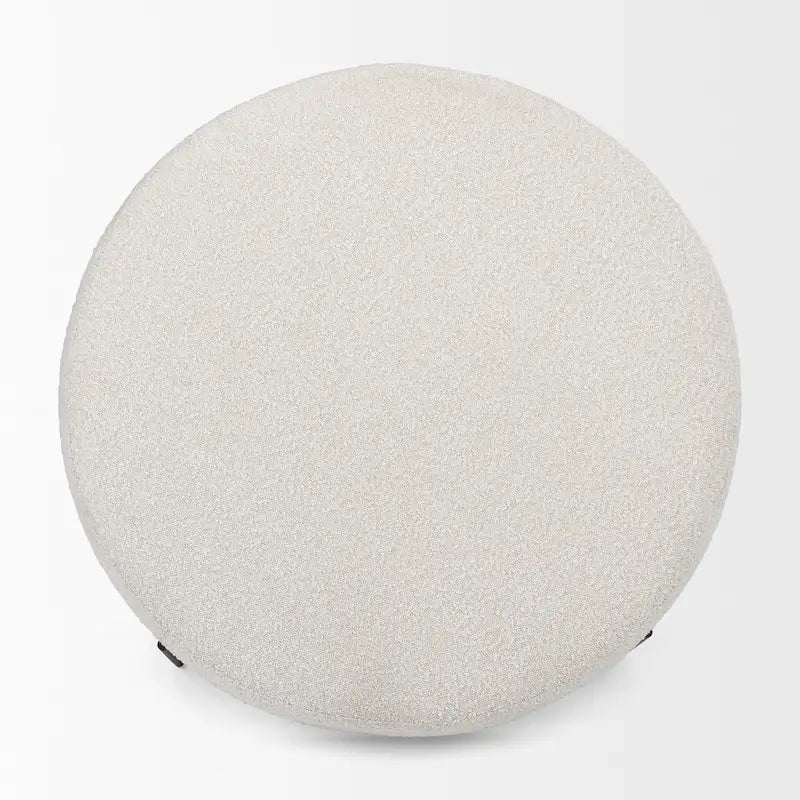 Pouf rotondo Amelia in tessuto bouclé crema con struttura in metallo nero