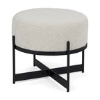 Pouf rotondo Amelia in tessuto bouclé crema con struttura in metallo nero
