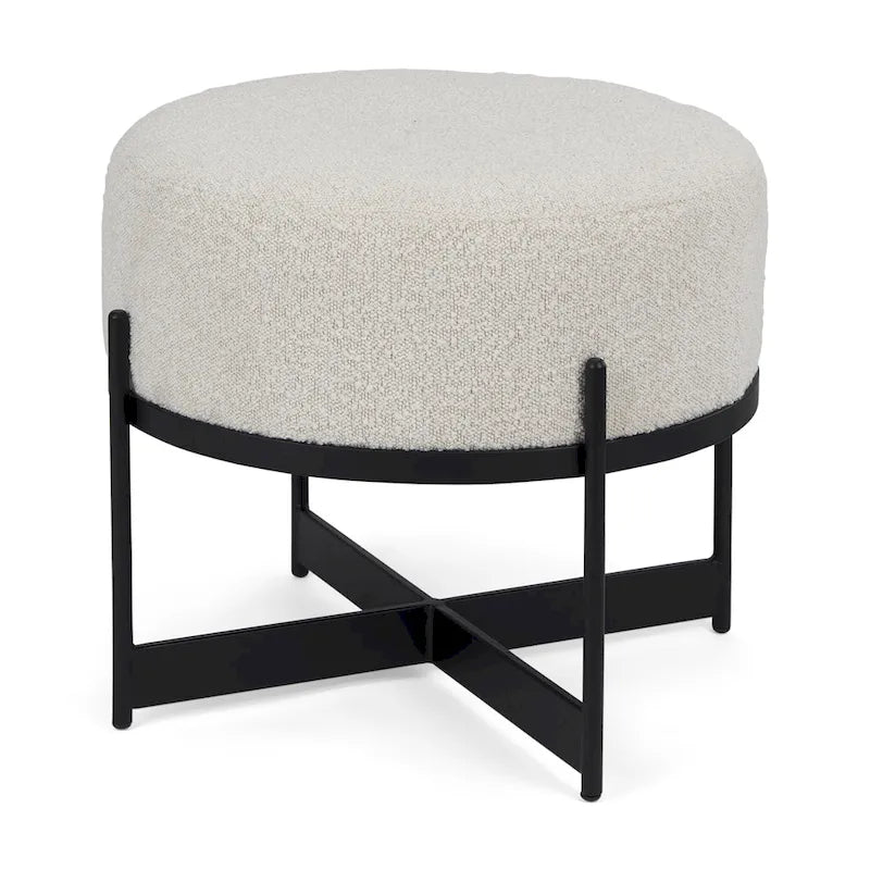 Pouf rotondo Amelia in tessuto bouclé crema con struttura in metallo nero