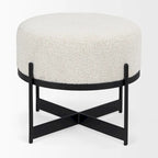 Pouf rotondo Amelia in tessuto bouclé crema con struttura in metallo nero