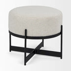 Pouf rotondo Amelia in tessuto bouclé crema con struttura in metallo nero