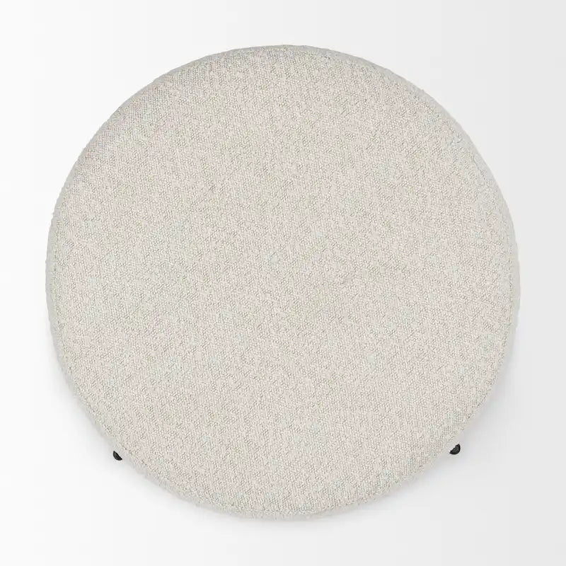 Pouf rotondo Amelia in tessuto bouclé crema con struttura in metallo nero
