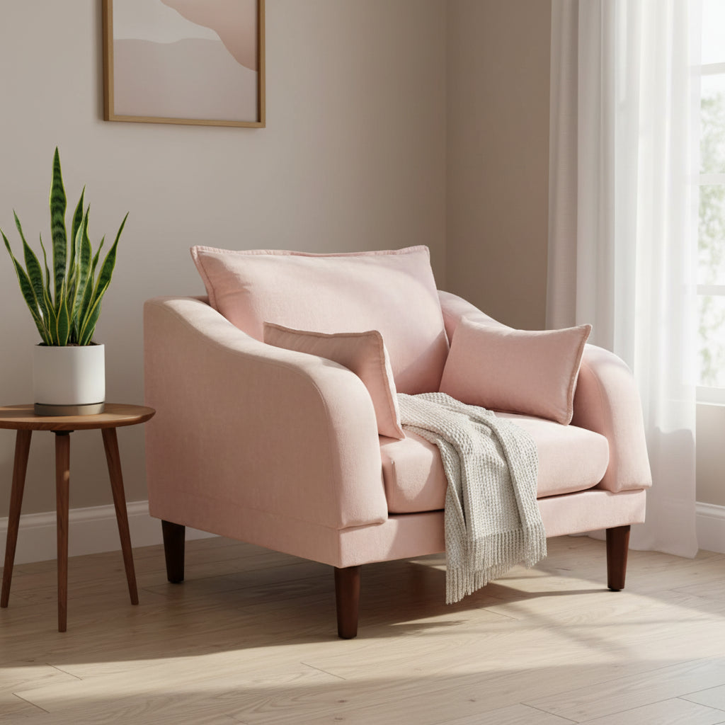Rio 33 Inch Modular Single Arm Corner Chair, 2 Lumbar Cushions, Blush Pink