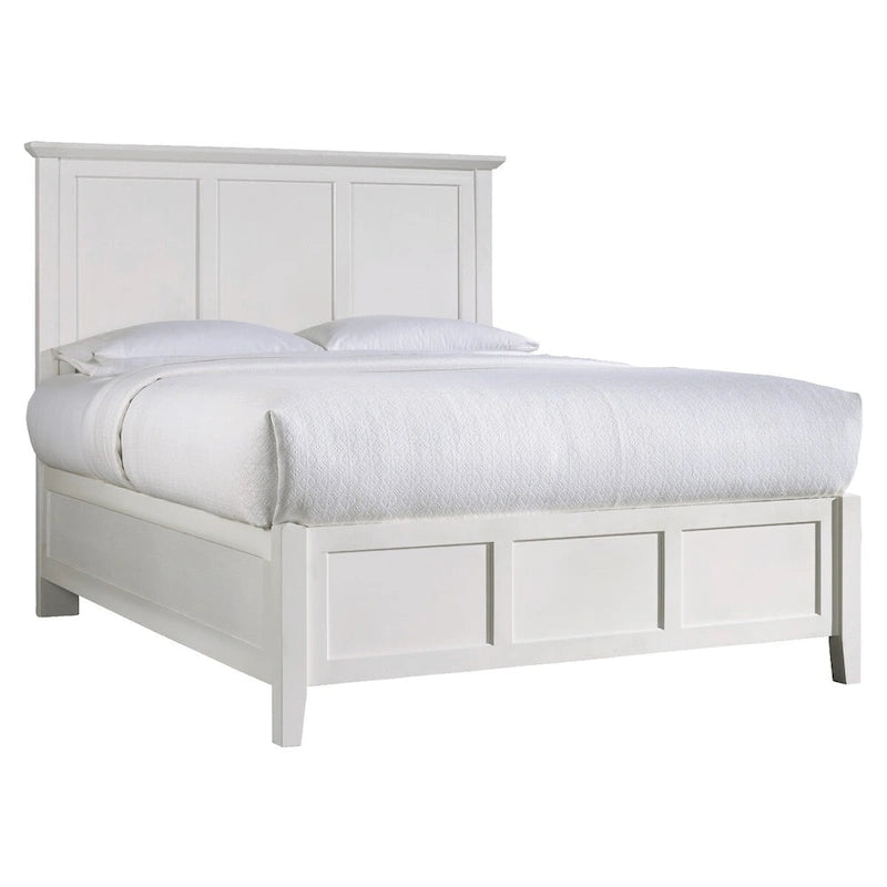 Letto matrimoniale basso in mogano massiccio, piano con bordo smussato, bianco