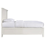 Letto matrimoniale basso in mogano massiccio, piano con bordo smussato, bianco