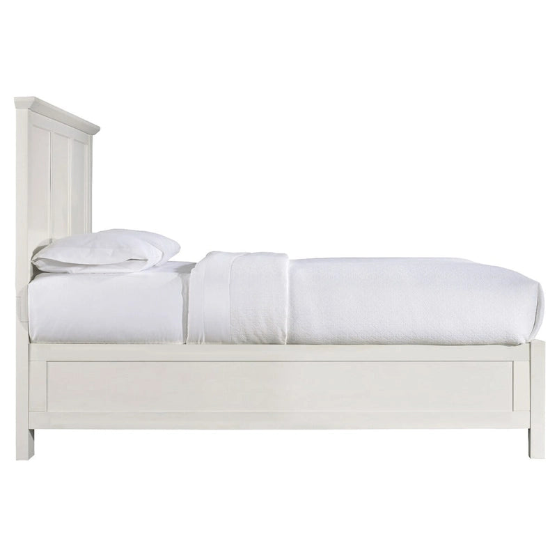 Letto matrimoniale basso in mogano massiccio, piano con bordo smussato, bianco