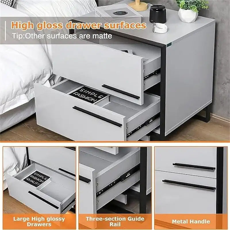 Comodino a LED con 2 cassetti laccati lucidi